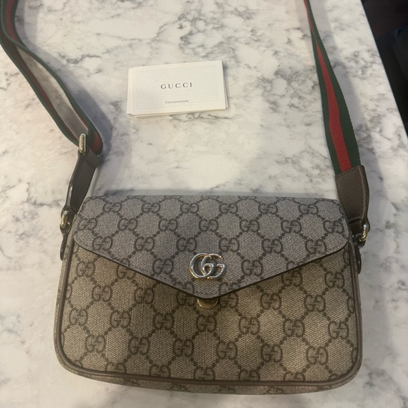 Gucci Handbags - Gucci Beige and Brown Crossbody Bag with Green and Red Strap